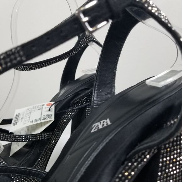 Zara Black Rhinestone Studded Platform Retro Y2K Strappy Blogger Fave Pumps Sz 8 - Picture 9 of 12